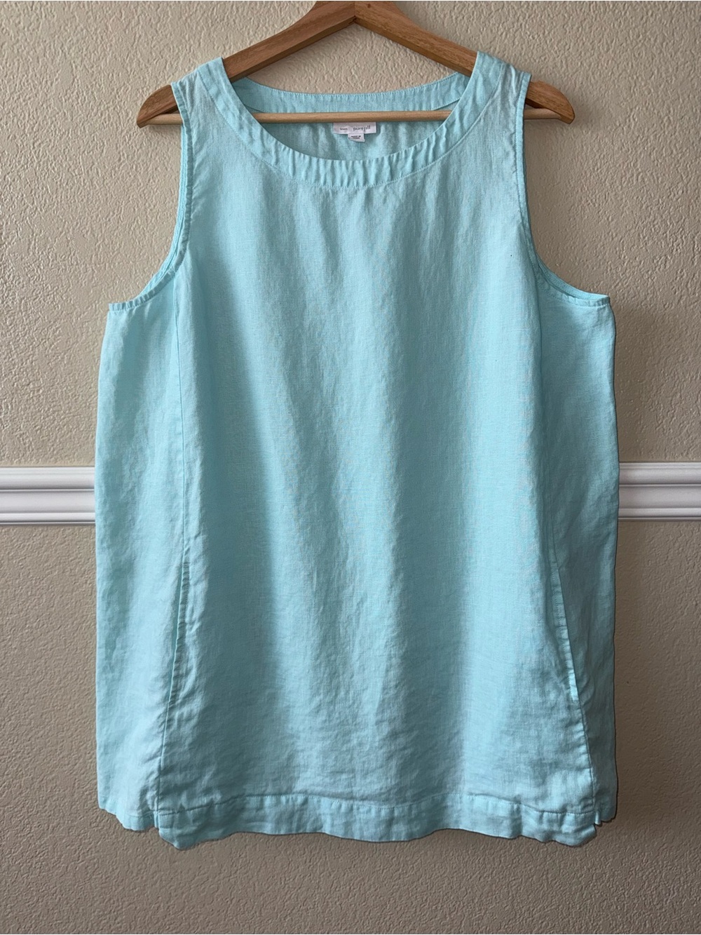 Pure Jill 100% Linen Tank Top Light Icy Blue Pockets Coastal Size Large